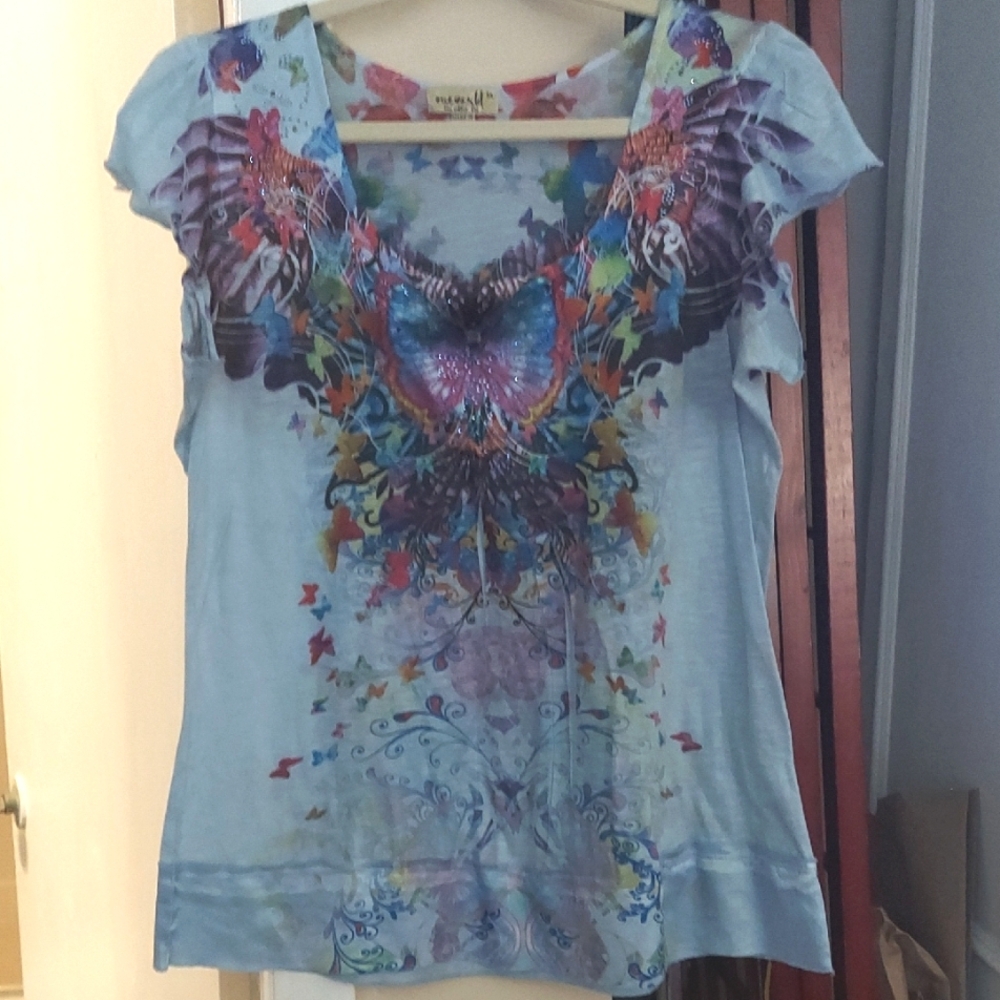 ONE WORLD Multicolor Butterfly Boho Rhinestone Embellished Short Sleeve Top Sz M